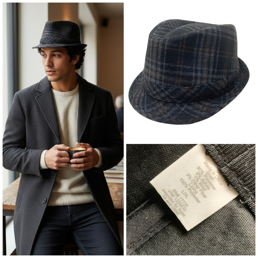 Dark Plaid Black Tan Blue Fedora Sz L/XL Wool Blend Gangster Hat Trilby Cuban